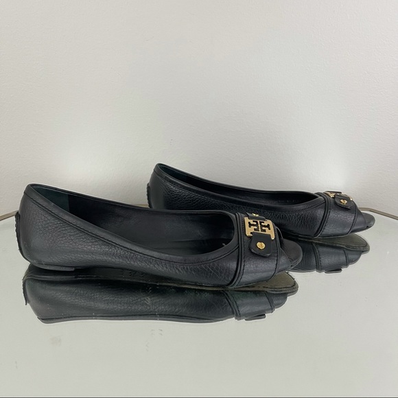 TORY BURCH Black Leather Clines Peep-Toe Ballerina Flats - Picture 3 of 11